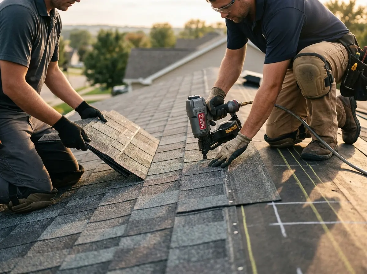 Professional roofer working on a residential roof in Boxford